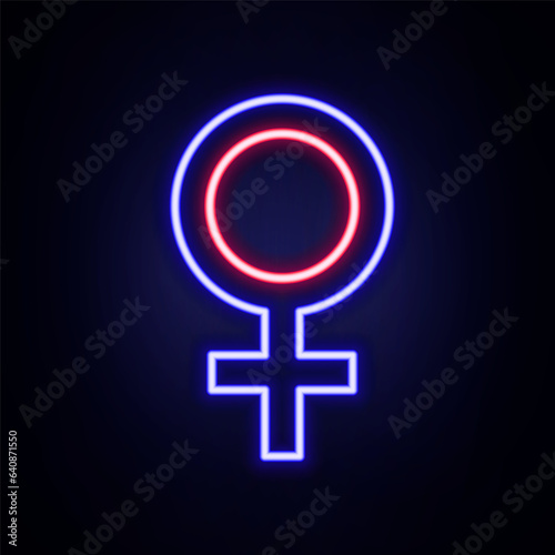 Glowing neon line Female gender symbol icon isolated on brick wall background. Venus symbol. The symbol for a female organism or woman. Colorful outline concept. Vector