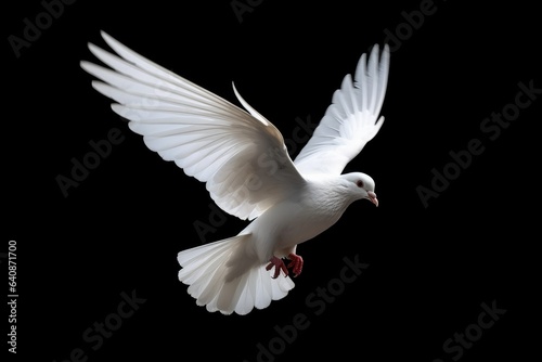 White dove flying isolated on black background