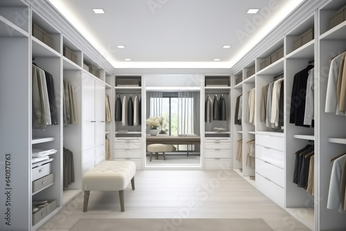 White luxury walk in closet interior with light frome