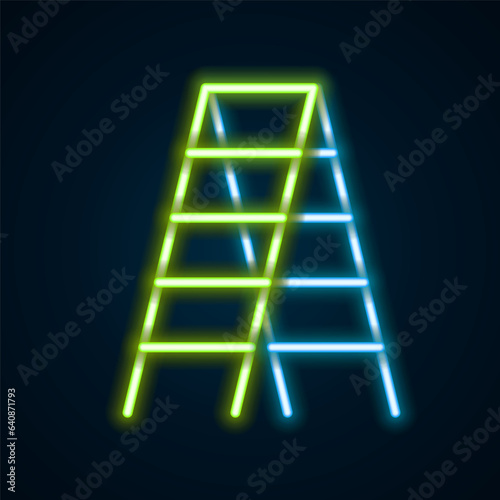 Glowing neon line Wooden staircase icon isolated on black background. Colorful outline concept. Vector