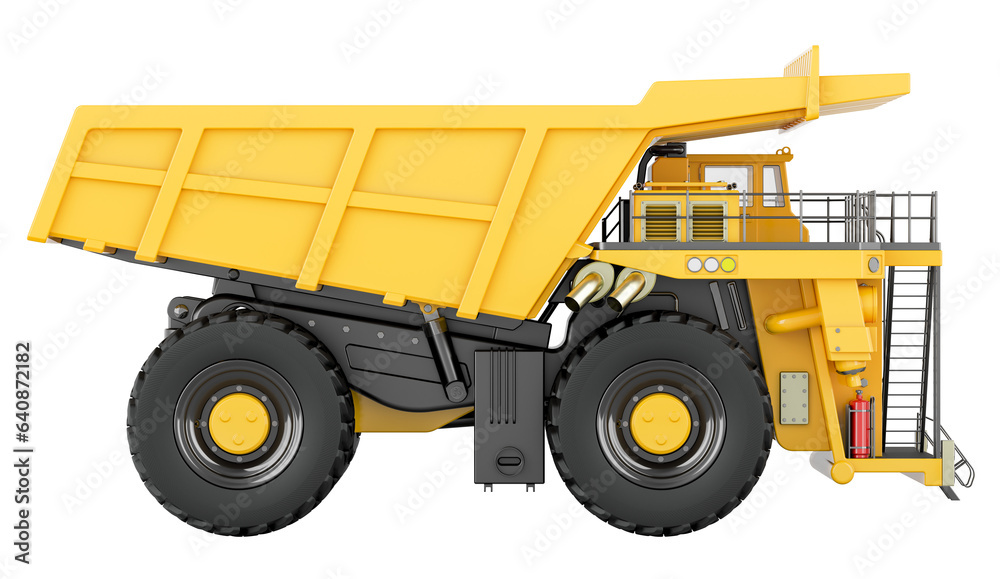 Dump truck, side view. 3D rendering isolated on transparent background