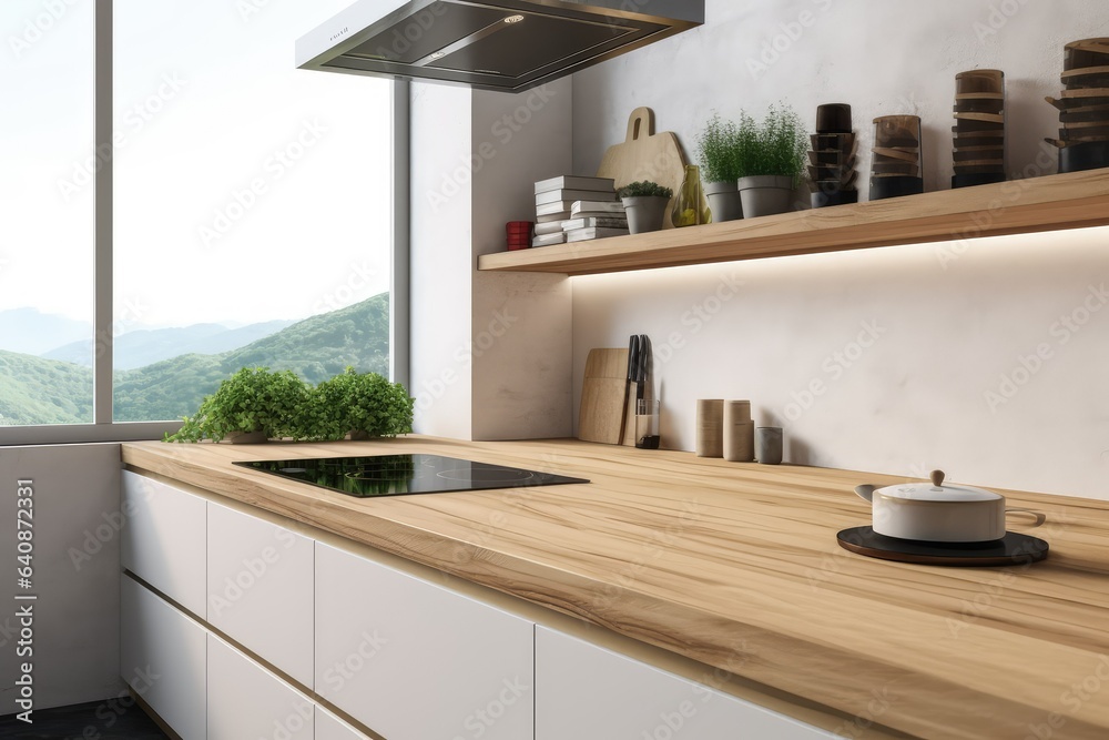 Wooden top on background of modern kitchen with window