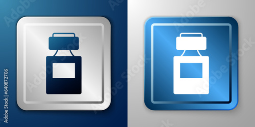 White Perfume icon isolated on blue and grey background. Silver and blue square button. Vector