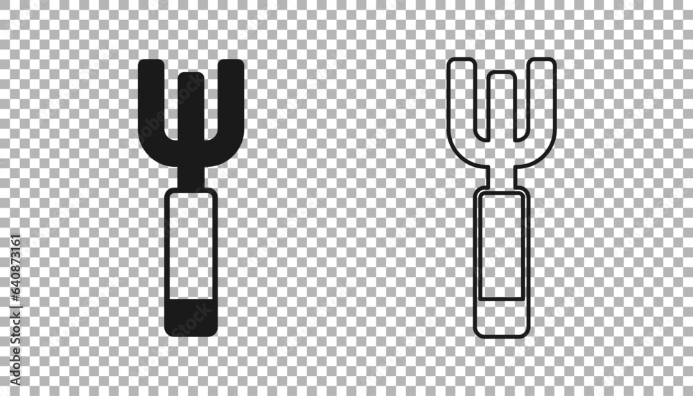 Black Garden pitchfork icon isolated on transparent background. Garden fork sign. Tool for horticulture, agriculture, farming. Vector