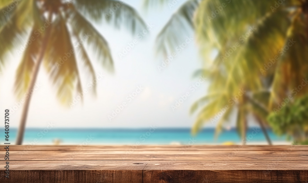 the empty wooden table top with blur background of sea and palm tree for product display