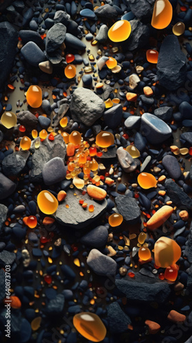 Beautiful composition of stones, amber and pebbles,