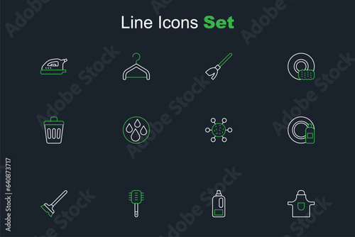 Set line Kitchen apron, Bottle for detergent, Toilet brush, Mop, Dishwashing bottle and plate, Bacteria, Water drop and Trash can icon. Vector
