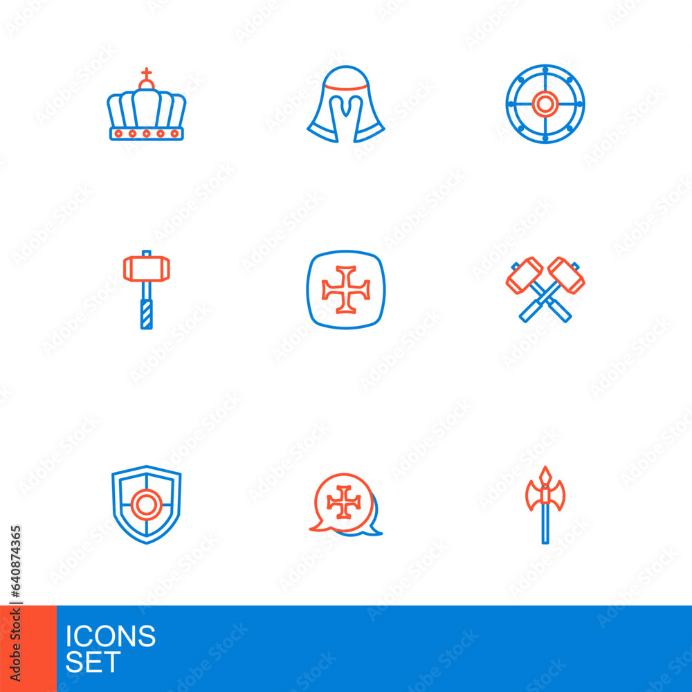 Set line Medieval axe, Crusade, Shield, Crossed battle hammers, Battle, Round shield and helmet icon. Vector