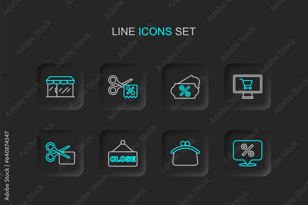 Set line Discount percent tag, Wallet, Hanging sign with text Closed, Scissors cuts discount coupon, Shopping cart monitor, and Market store icon. Vector