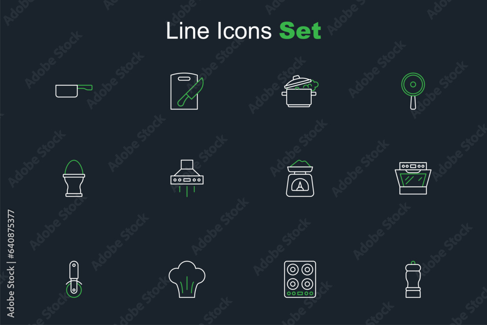 Set line Pepper, Gas stove, Chef hat, Pizza knife, Oven, Scales, Kitchen extractor fan and Chicken egg on stand icon. Vector