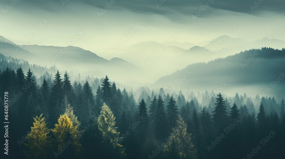 foggy pine forest top view. calm autumn natural background.