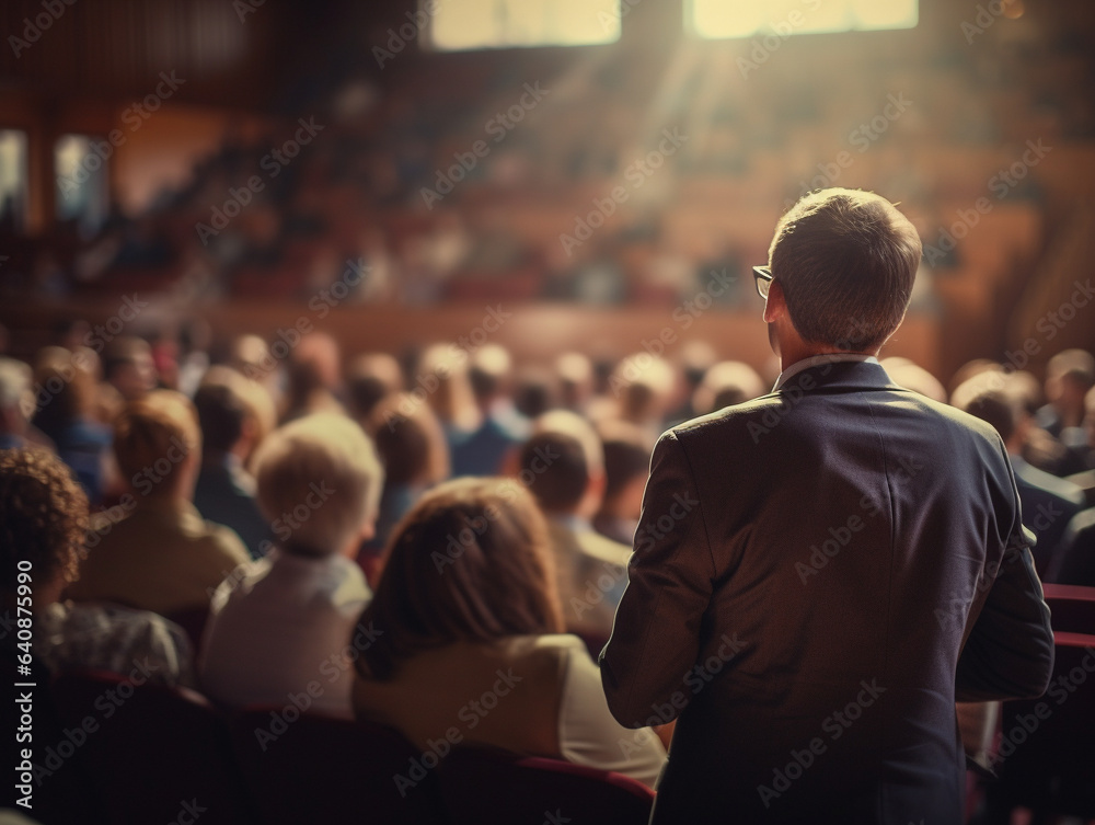 Obraz premium A speaker giving a lecture to an audience in an auditorium, seen from behind, emphasizing the seminar's engaging atmosphere.