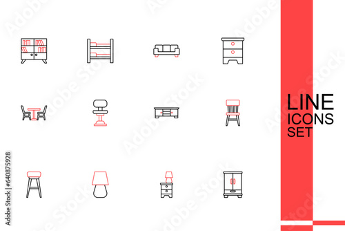 Set line Wardrobe, Furniture nightstand with lamp, Table, Chair, TV table, Office chair and icon. Vector