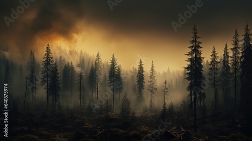 the sun's rays break through the misty pine forest. calm autumn natural background.