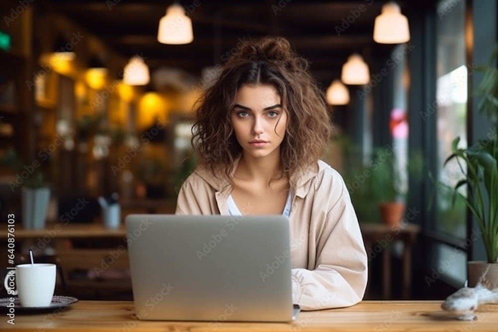 woman working on laptop in cafe woman working on laptop in cafe