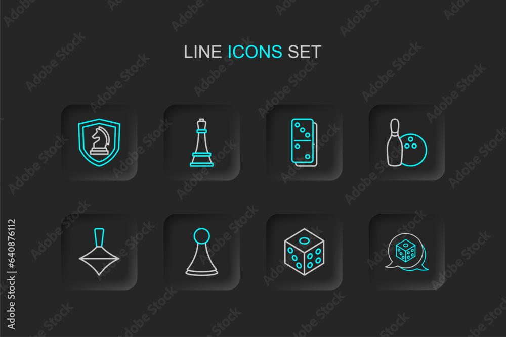 Set line Game dice, Chip for board game, Whirligig toy, Bowling pin and ball, Domino, Chess and icon. Vector Set line Game dice, Chip for board game, Whirligig toy, Bowling pin and ball, Domino, Chess and icon. Vector