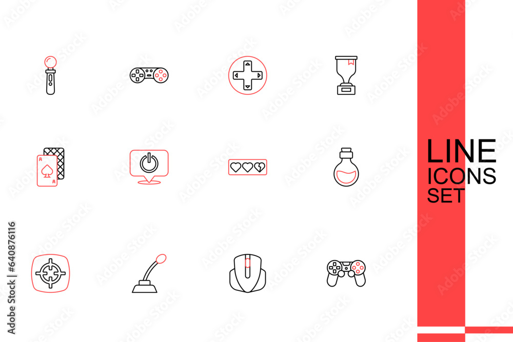 Set line Game controller or joystick, Computer mouse, Microphone, Target sport, Bottle with magic elixir, life bar, Power button and Playing cards icon. Vector Set line Game controller or joystick, Computer mouse, Microphone, Target sport, Bottle with magic elixir, life bar, Power button and Playing cards icon. Vector