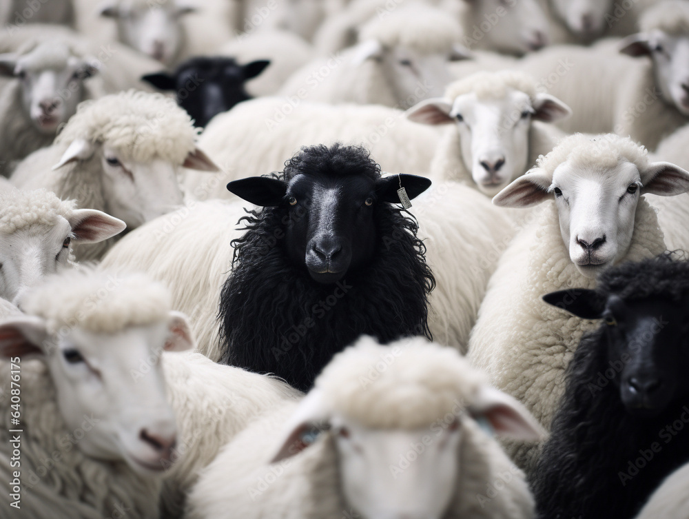 : An intriguing image featuring a black sheep within a flock of white sheep, set against a clean and uncluttered background, symbolizing uniqueness and individuality. : An intriguing image featuring a black sheep within a flock of white sheep, set against a clean and uncluttered background, symbolizing uniqueness and individuality.