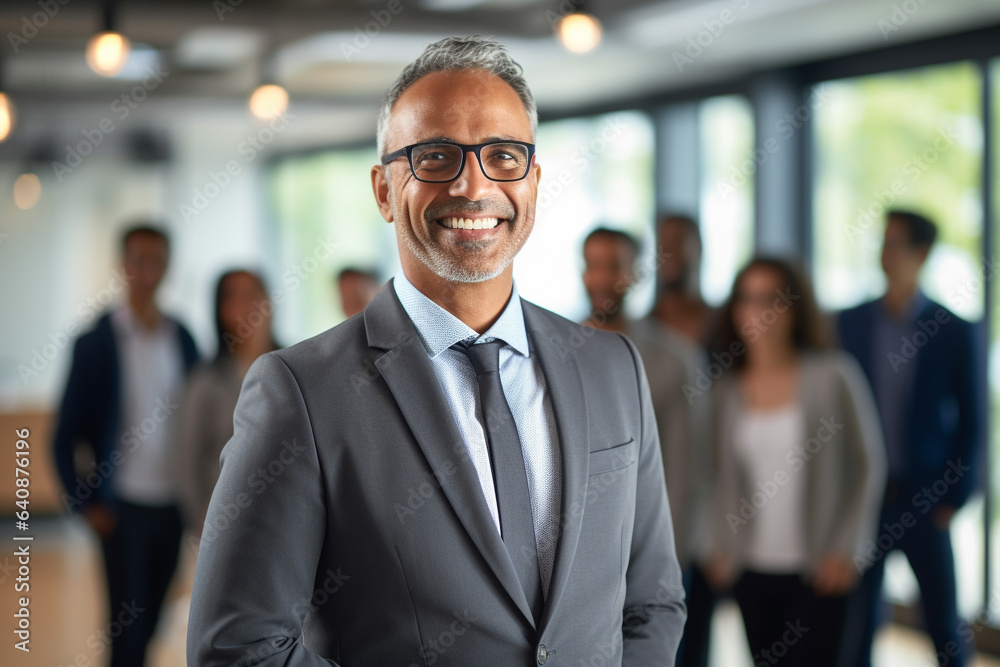 A close-up of a smiling, mature businessman, either Latin or Indian, using a smartphone in his office for digital business solutions. A close-up of a smiling, mature businessman, either Latin or Indian, using a smartphone in his office for digital business solutions.