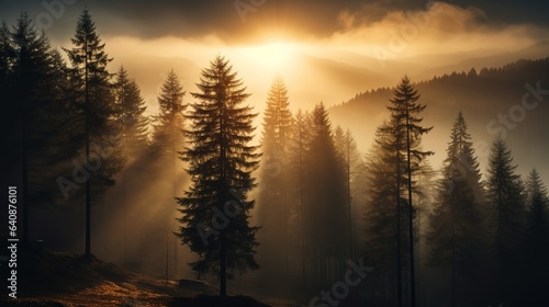 the sun's rays break through the misty pine forest. calm autumn natural background.