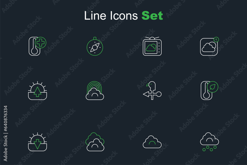 Set line Hail cloud, Cloud, Sunset, Thermometer, Rooster weather vane, Rainbow with and Sunrise icon. Vector Set line Hail cloud, Cloud, Sunset, Thermometer, Rooster weather vane, Rainbow with and Sunrise icon. Vector