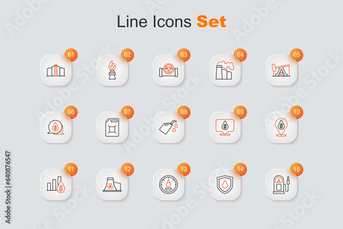 Set line Petrol or gas station, Oil drop shield, Motor gauge, Nuclear power plant, Pie chart and dollar, with symbol, and Canister for motor machine oil icon. Vector