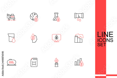 Set line Pie chart and dollar, Oil rig with fire, Canister for gasoline, tank storage, industrial factory, drop symbol, and petrol test tube icon. Vector