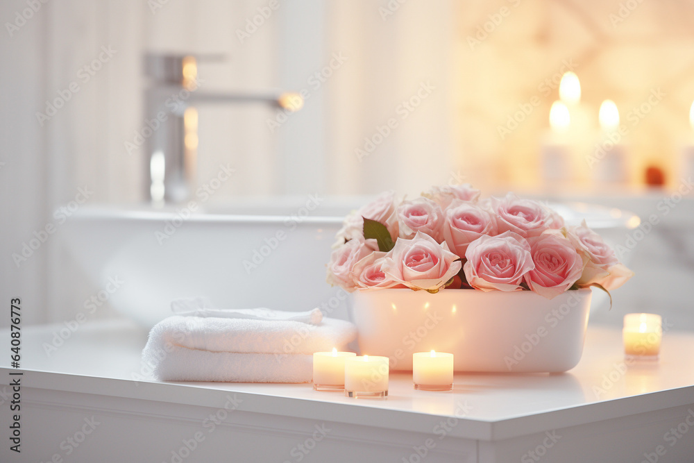 A stylish white bathroom featuring a vessel sink, roses, and candles, setting a romantic and Zen-like mood. A stylish white bathroom featuring a vessel sink, roses, and candles, setting a romantic and Zen-like mood.