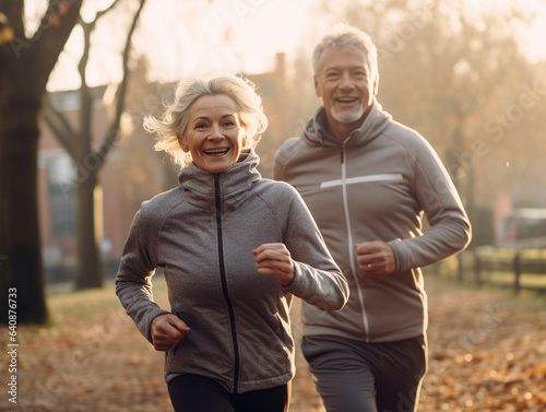 A heartwarming close-up portrait of an elderly couple jogging at a leisurely pace through a serene park, their bond evident in every step.