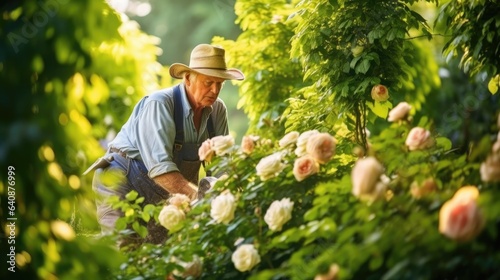 A gardener is pruning roses in a lush garden.