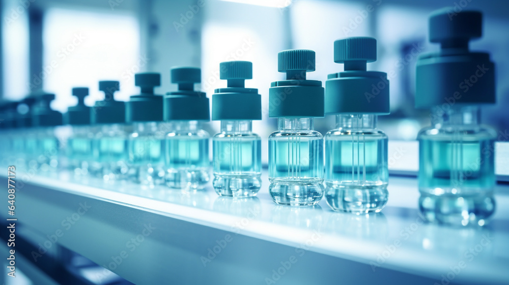 An industrial scene within a pharmaceutical factory, showcasing the production line with pharmaceutical glass bottles and machinery in motion.