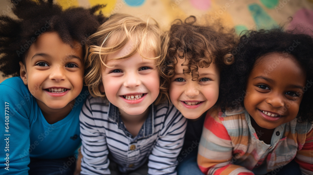 A heartwarming portrait capturing a group of diverse, cheerful, and happy children of various ethnic backgrounds enjoying outdoor activities together.