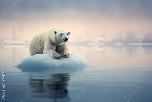 A poignant portrait featuring a majestic polar bear standing alone on a solitary ice floe  symbolizing the harsh realities of global warming.