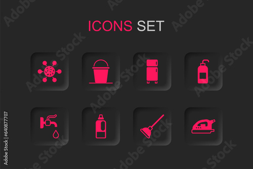 Set Bottle for detergent, Bucket, Bacteria, Rubber plunger, Antibacterial soap, Electric iron, Refrigerator and Water tap icon. Vector