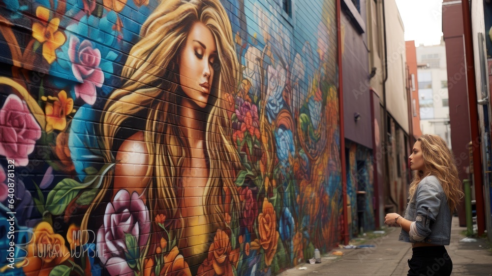 An artist exhibits a mural on a side street in the city.