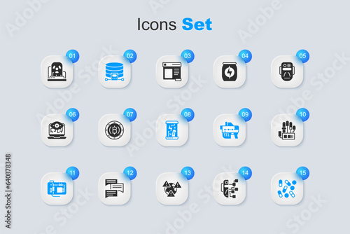 Set Humanoid robot, Cryptocurrency coin Bitcoin, Cloud database, Motherboard, Medical pill biohacking, Mechanical hand, Radioactive warning lamp and Cryogenic capsules icon. Vector
