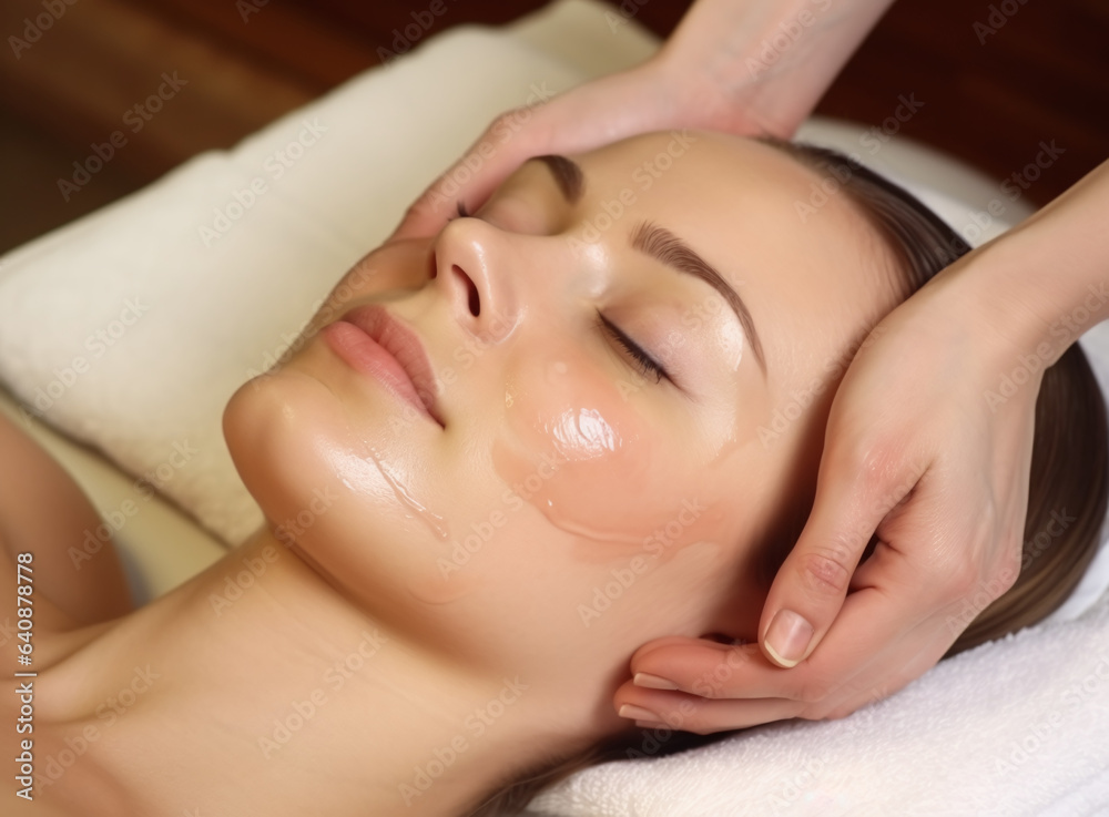 girl having facial massage in beauty salon stock photo