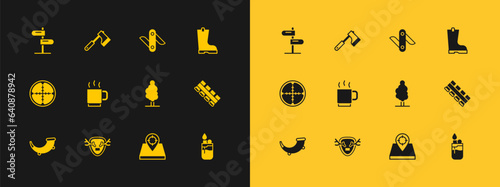 Set Waterproof rubber boot, Deer antlers on shield, Tree, Hunt place, Coffee cup, Swiss army knife, Road traffic sign and Wooden axe icon. Vector