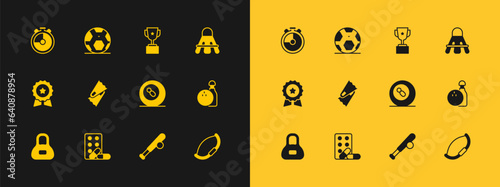 Set Badminton shuttlecock, Sports doping with dumbbell, Billiard pool snooker ball, Baseball bat, Flippers for swimming, Award cup, Stopwatch and Soccer football icon. Vector