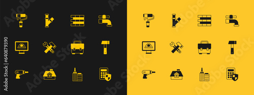 Set Water tap, House, Toolbox, City landscape, Hammer wrench spanner, Bricks, Paint roller brush and Industry metallic pipe icon. Vector