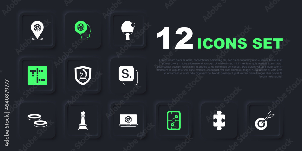 Set Puzzle pieces toy, Classic dart board and arrow, Chess, Air hockey table, Crossword, Game dice and icon. Vector Set Puzzle pieces toy, Classic dart board and arrow, Chess, Air hockey table, Crossword, Game dice and icon. Vector