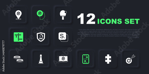 Set Puzzle pieces toy, Classic dart board and arrow, Chess, Air hockey table, Crossword, Game dice and icon. Vector