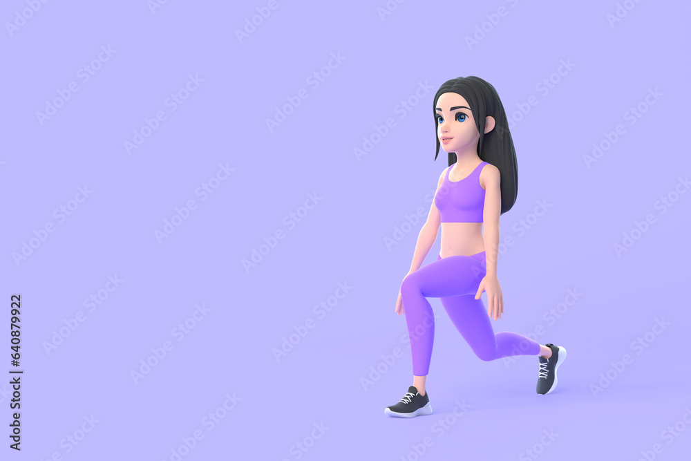 Cartoon character woman in sportswear doing squats on purple background. 3D render illustration