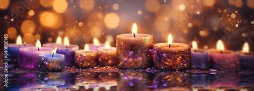 Candles festively lit with glitters on the background, generative ai.