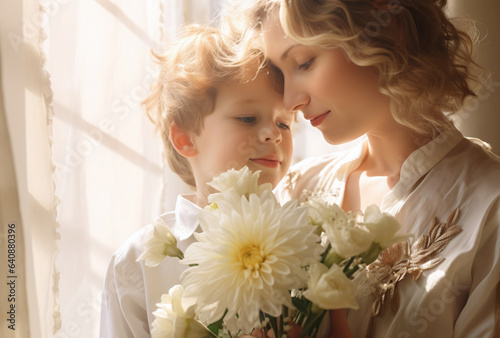 mother hugging her son with flowers stock photo