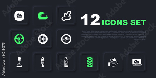 Set Racing helmet, Alloy wheel for car, Car tire, steering, Shock absorber, and Nitrous oxide icon. Vector