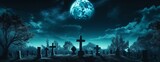 Halloween night background with cemetery and full moon, generative ai.