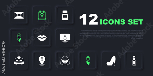 Set Woman shoe, Champagne bottle, Smiling lips, Flower tulip, 8 March, Calendar with and Handbag icon. Vector