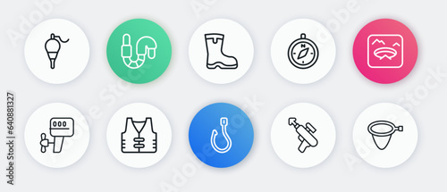Set line Fishing hook, Winter fishing, Outboard boat motor, harpoon, Compass, boots, net and jacket icon. Vector
