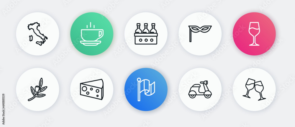 Set line Flag Italy, Wine glass, Olives branch, Scooter, Carnival mask, Bottles of wine, and Cheese icon. Vector Set line Flag Italy, Wine glass, Olives branch, Scooter, Carnival mask, Bottles of wine, and Cheese icon. Vector